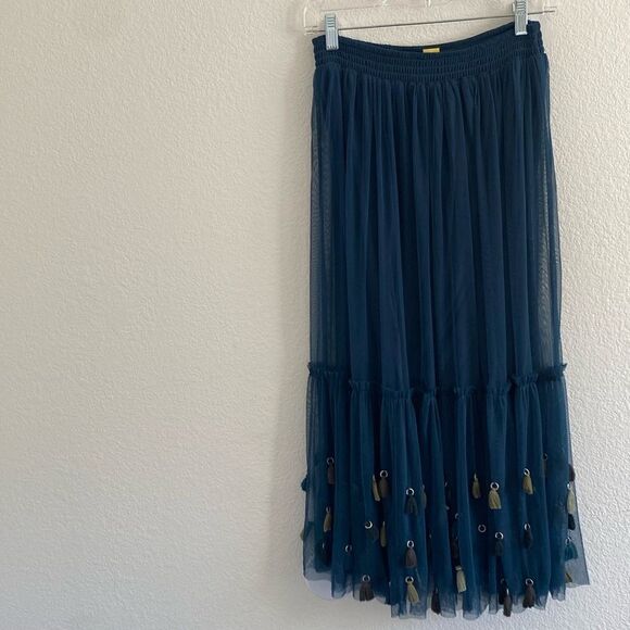 Anthropologie Maeve Blue Fringe Maxi TULLE MASTI TASSLE SKIRT - Picture 2 of 8